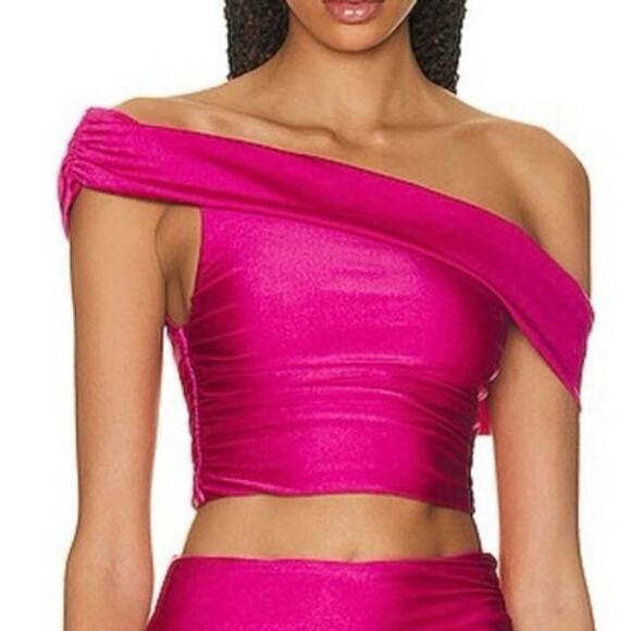 Jonathan Simkai NWT Hot Pink  Lotus Draped Satin Off Shoulder Bikini Top Small - Picture 1 of 8